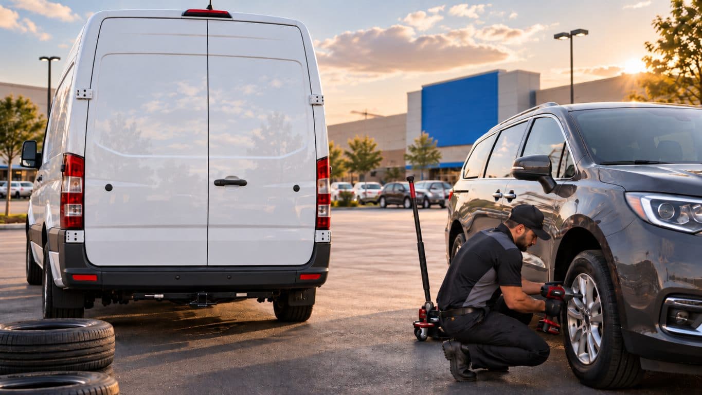 TreadSpark technician changing a tire on an SUV at sunset in a parking lot