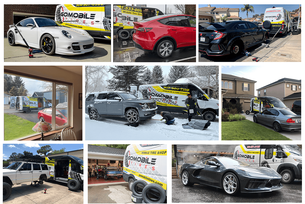 Collage of GoMobile Tires mobile service vans servicing vehicles in driveways, garages, and parking lots